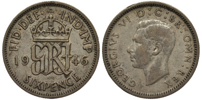 Великобритания 6 пенсов 1946 Георг VI (1936-1952) KM 852, Spink 4084 серебро 4538-637