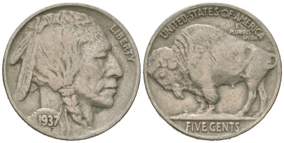 США 5 центов 1937 индеец, бизон KM 134 медно-никель 4614-1265