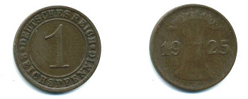 ГЕРМАНИЯ 1 РЕЙХСПФЕННИГ 1925 J KM 37, J. 313 бронза 62-2462