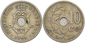 БЕЛЬГИЯ 10 САНТИМОВ 1903 BELGIE KM 49 медно-никель 4544-1215