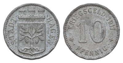 Хаген 10 пфеннигов 1917 Funck 184.1A, Men05 10124.1, Men18 12615.1 цинк 4659-268
