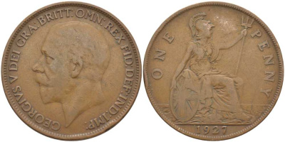 Великобритания 1 пенни 1927 Георг V (1910-1936) KM 826, Spink 4054 бронза 115-226