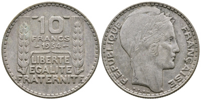 Франция 10 франков 1931 Пьер Тюрен KM 878, Le Franc 360.4 серебро 79-1432