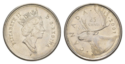 Канада 25 центов 2001 Елизавета II (1952-2022), олень KM 184b сталь плакированная никелем UNC 4631-656