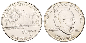 США 1 доллар 1990 W, 100 лет со дня рождения Эйзенхауэра, в оригинальной коробке, с сертификатом KM 227 серебро BU 2-4-2-14