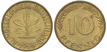 ФРГ 10 пфеннигов 1966 F KM 108, J. 383 сталь плакированная латунью 4132-542