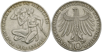 ФРГ 10 марок 1972 J, XX летние Олимпийские Игры, Мюнхен 1972, спортсмены KM 132, J. 403 серебро 4168-612
