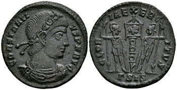 Римская Империя нуммий 337 - 340 Констанций II GLORIA EXERCITVS Сисция about Extremely fine RIC 86 бронза 1073-3-4-4