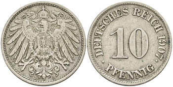 Германия 10 пфеннигов 1907 J KM 12, Jager 13, Weege 8 медно-никель 219-135