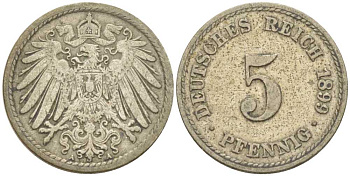 ГЕРМАНИЯ 5 ПФЕННИГОВ 1899 A KM 11, J. 12, Weege 6 медно-никель 206-921