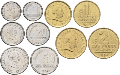 Уругвай годовой набор из 5 монет (10, 20 и 50 сентесимо; 1 и 2 песо) 1994 год-тип KM 102, 103.1, 104.1, 105 и 106 UNC 4666-1131-1133