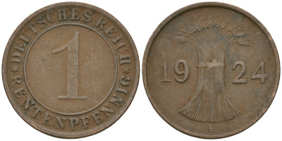 Германия 1 рентенпфенниг 1924 A KM 30, J. 306 бронза 4608-317