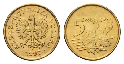 Польша 5 грошей 1992 Y 278 латунь UNC 4615-521