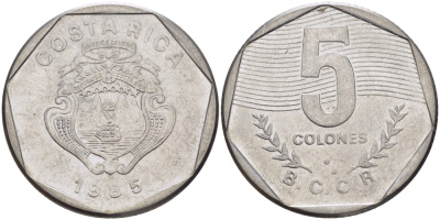Коста-Рика 5 колонов 1985 B.C.C.R. KM 214.2 нержавеющая сталь 82-946