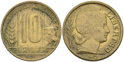 Аргентина 10 сентаво 1948 голова Свободы вправо KM 41 алюминиевая бронза 4594-344