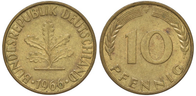 ФРГ 10 пфеннигов 1966 F KM 108, J. 383 сталь плакированная латунью 4132-542