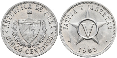 Куба 5 сентаво 1963 звезда, вторая республика (1962- ) KM 34 алюминий UNC 108-1031