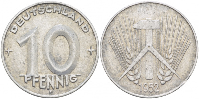 ГДР 10 пфеннигов 1952 E KM 7 алюминий 77-811