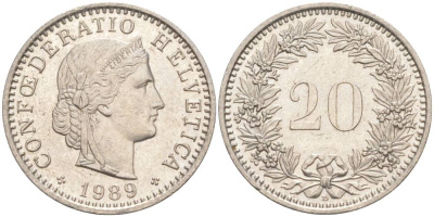 ШВЕЙЦАРИЯ 20 РАППЕНОВ 1989 В KM 29a медно-никель 55-1033