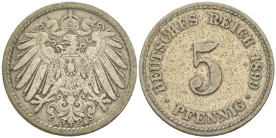 ГЕРМАНИЯ 5 ПФЕННИГОВ 1899 A KM 11, J. 12, Weege 6 медно-никель 206-921