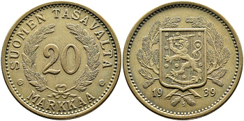 Финляндия 20 марок 1939 S KM 32 алюминиевая бронза 4389-113