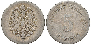 Германия 5 пфеннигов 1876 E, старогербовка KM 3, J. 3 медно-никель 51-3223