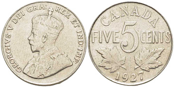 КАНАДА 5 ЦЕНТОВ 1927 ГЕОРГ V KM 29 никель 4448-917