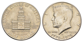 США 1/2 доллара (50 центов) 1976 D, 200 лет независимости, Джон Кеннеди KM 205 медь плакированная медно-никелем aUNC 4545-834