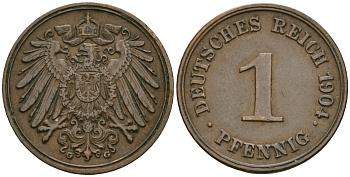 Германия 1 пфенниг 1904 G, Вильгельм II (1888-1918) KM 10, J. 10 медь 4608-236