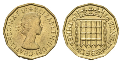 Великобритания 3 пенса 1966 Елизавета II (1952-2022) KM 900, Spink 4153 никель латунь 4121-712
