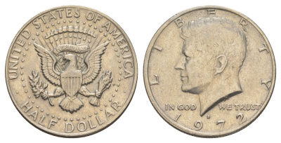 США 1/2 доллара (50 центов) 1972 D, Джон Кеннеди KM 202b медь плакированная медно-никелем aUNC 180-1042