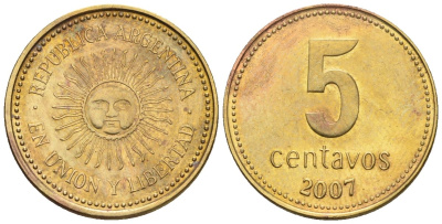 Аргентина 5 сентаво 2007 майское солнце KM 109b, CJ 2, Schon 109b сталь плакированная латунью 4609-1244