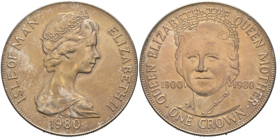 Остров Мэн 1 крона 1980 80 лет королеве Елизавете, королеве-матери KM 68 медно-никель UNC 4558-822