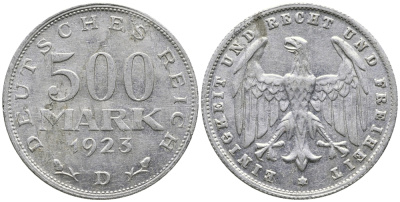ГЕРМАНИЯ 500 МАРОК 1923 D KM 36, J. 305 алюминий 38-324