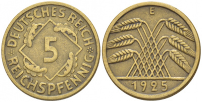 ГЕРМАНИЯ 5 РЕЙХСПФЕННИГОВ 1925 E, KM 39, J. 316 алюминиевая бронза 4532-551