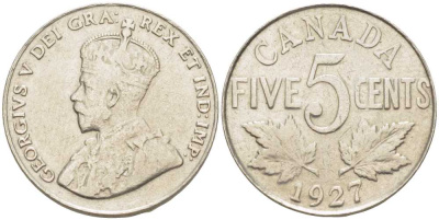 КАНАДА 5 ЦЕНТОВ 1927 ГЕОРГ V KM 29 никель 4448-917