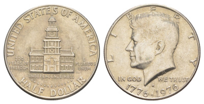 США 1/2 доллара (50 центов) 1976 D, 200 лет независимости, Джон Кеннеди KM 205 медь плакированная медно-никелем aUNC 4545-834