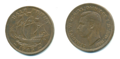 Великобритания 1/2 пенни 1945 Георг VI (1936-1952) KM 844, Spink 4115 бронза 59-725