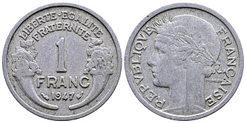 ФРАНЦИЯ 1 ФРАНК 1947 KM 885а.1 алюминий 51-3414
