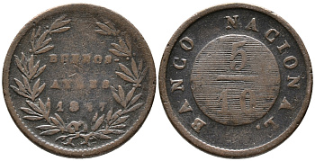 Аргентина, Буэнос-Айрес 5/10 реала 1827 KM 3 медь 32-341