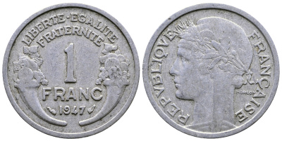 ФРАНЦИЯ 1 ФРАНК 1947 KM 885а.1 алюминий 51-3414