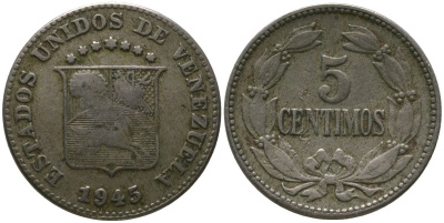 Венесуэла 5 сентимо 1945 KM 29a медно-никель 4576-566