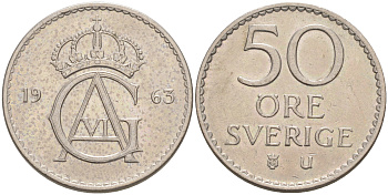 Швеция 50 эре 1963 U, Густав VI Адольф (1950-1973) KM 837 медно-никель UNC 106-356