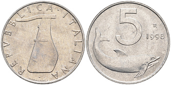 Италия 5 лир 1998 R, дельфин KM 92 алюминий  UNC  4594-764