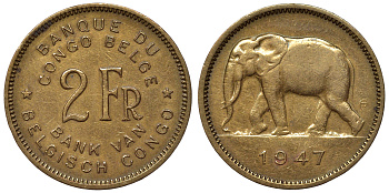 Бельгийское Конго 2 франка 1947 слон KM 28 латунь 4116-637