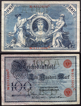 Германия 100 марок 1908 Орел. Аллегорические женщины, женский портрет Pick 33 бумага 6289-5-4-2