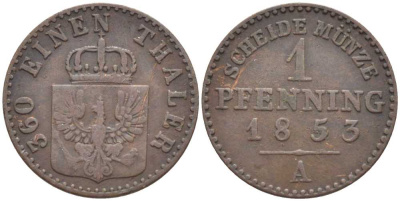 ПРУССИЯ 1 ПФЕННИГ 1853 А, ФРИДРИХ ВИЛЬГЕЛЬМ IV (1840-1861) KM 451 медь 201-534