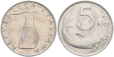 Италия 5 лир 1998 R, дельфин KM 92 алюминий  UNC  4594-764