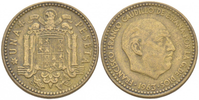 Испания 1 песета 1963 (63) Франсиско Франко (1939-1975) KM 775 алюминиевая бронза 68-143