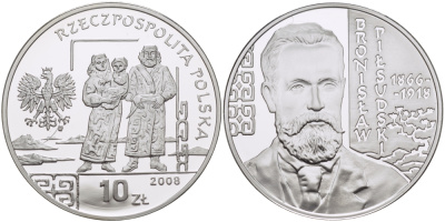 Польша 10 злотых 2008 серия польские путешественники, Бронислав Пилсудский (1866-1918) KM 649 серебро PROOF 1066-2-22